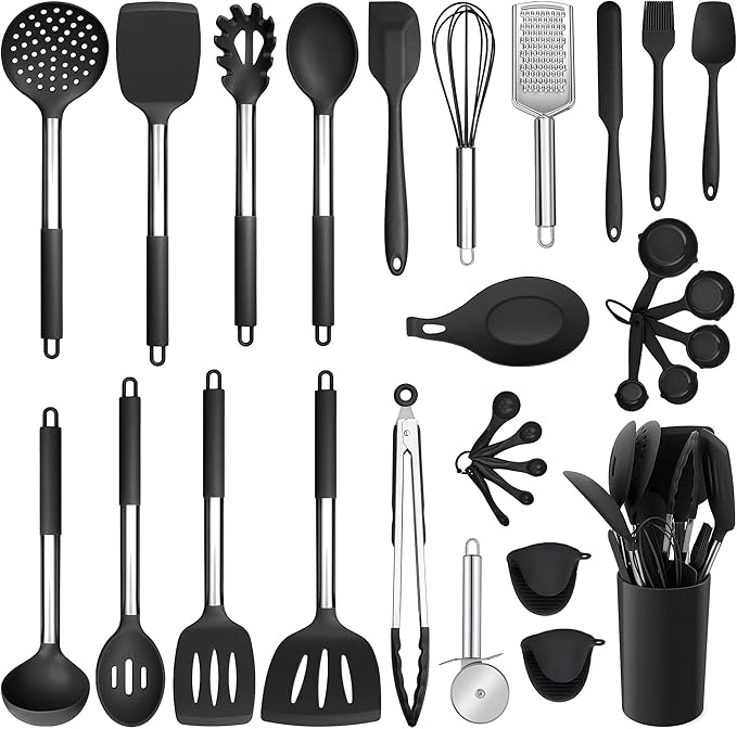 Silicone Kitchen Utensils Set, E-far 30-Piece Cooking Utensils Set with Holder, Heat Resistant Kitchen Spatulas Turner Tong Spoon Whisk Ladle for Nonstick Cookware, Stainless Steel Handle (Black)