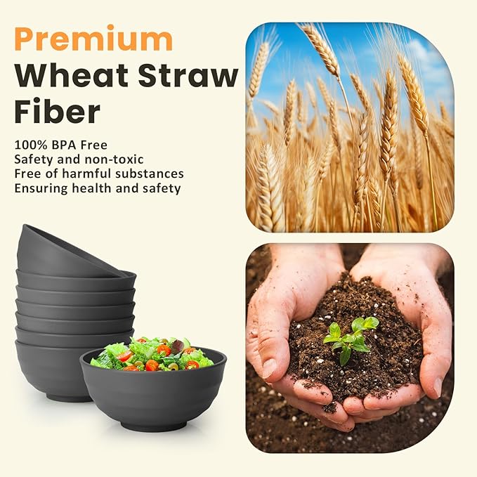 Homienly Wheat Straw Bowls Set of 8, 60oz Extra Large Unbreakable Bowls - Lightweight Alternative to Plastic Serving Bowls for Cereal, Ramen & Soup, Microwave Safe for Outdoor Activities (Grey)