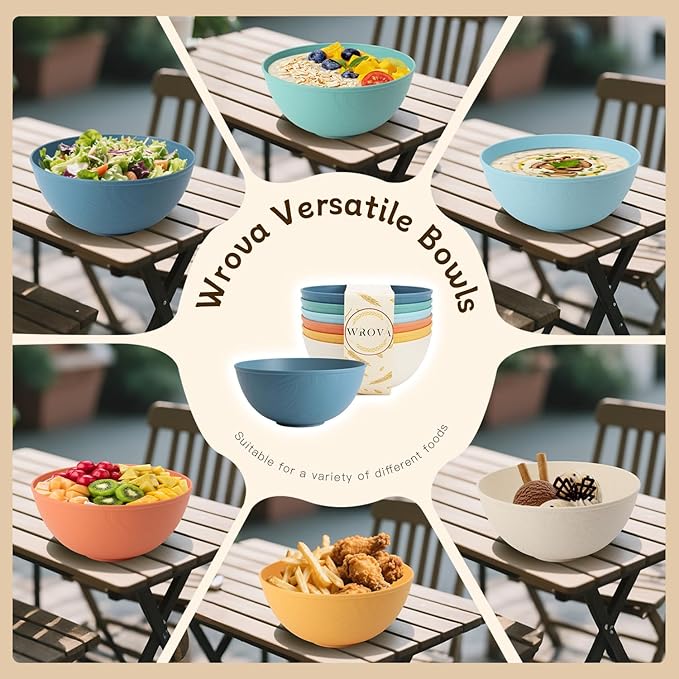 Wheat Straw Bowls for Kitchen set of 6,Anti-Scald Thick Soup Bowls 40oz,Microwave and Dishwasher Safe Bowl Sets, Unbreakable Cereal Bowl Sets. Vibrant Series