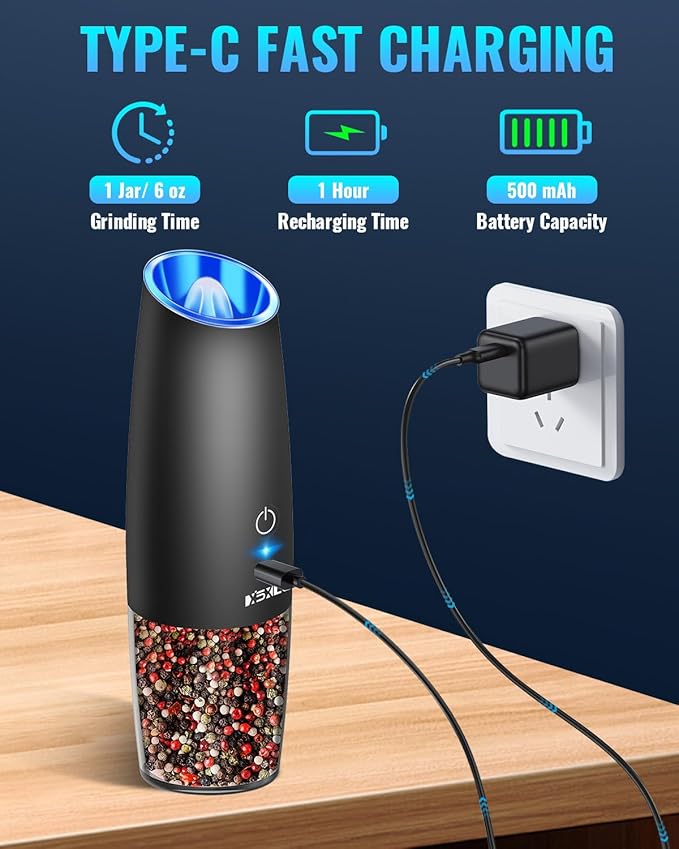 Rechargeable Electric Pepper and Salt Grinder Set, No Battery Needed, whit Gravity Sensing Switch and LED Light, One Hand Automatic Operation, Black, 2 Pack