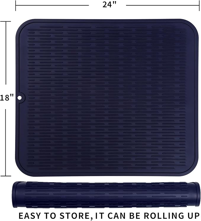 Silicone Dish Drying Mat for Multiple Usage,Easy clean,Eco-friendly,Heat-resistant Silicone Mat for Kitchen Counter or Sink,Refrigerator or Drawer Liner Navy Blue 2XL 24 inches x 18 inches