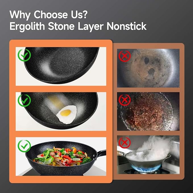 Non-Stick Wok with Steamer Basket,12 Inches Stir Fry Pans with Lid, Flat Bottom Pan Multifunctional Cookware Chinese Woks for Induction, Gas, Halogen