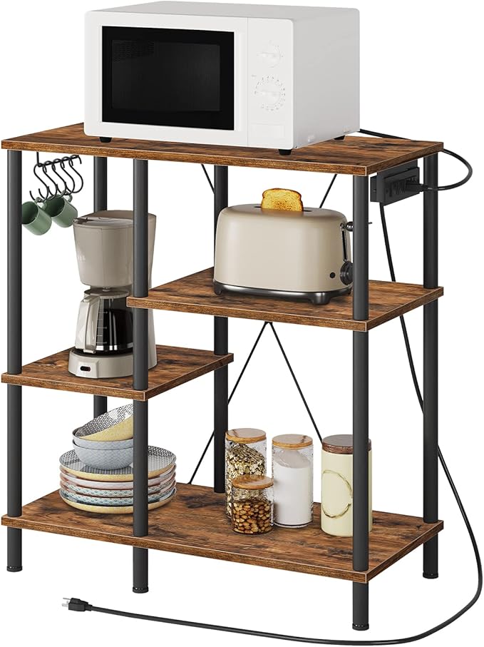 HOOBRO Bakers Rack with Power Outlet, Microwave Stand with 5 S-Shaped Hooks, Coffee Bar, Kitchen Storage Shelf, for Kitchen, Living Room, Rustic Brown and Black BF07UHB01