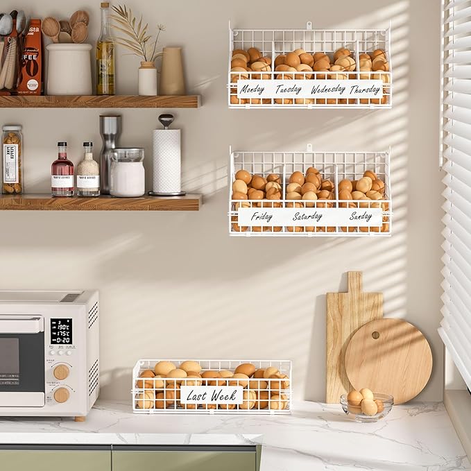 keomaisyto Egg Holder Countertop with 5 Dividers & DIY Nameplate to Separate Eggs, 3 Tier Stackable Wire Storage Baskets for Gathering Fresh Eggs, Wall-Mounted XXL Egg Rack, White (Patent Pending)