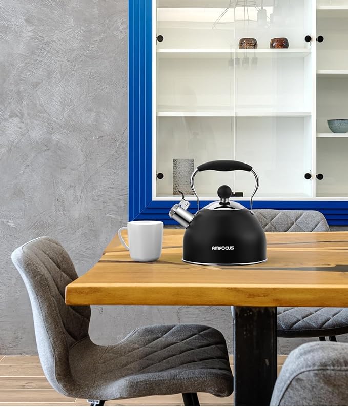 Tea Kettle, 2 Quart Stainless Steel Whistling Tea Kettle, Stovetop Whistling Teakettle Tea Pots for Stove Top with Ergonomic Folding Handle, Small Teapot, Water boiler for Tea, Coffee (Black)