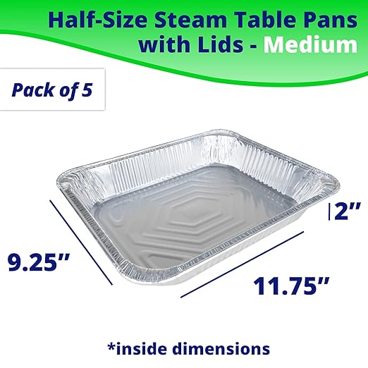 IDL Packaging Half-Size Aluminum Steam Table Pans with Lids - Medium, 13" x 11" x 2" (Pack of 5) - Disposable Foil Pan for Grilling, Roasting, BBQ, Baking, Freezing - Catering Supplies