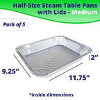 IDL Packaging Half-Size Aluminum Steam Table Pans with Lids - Medium, 13" x 11" x 2" (Pack of 5) - Disposable Foil Pan for Grilling, Roasting, BBQ, Baking, Freezing - Catering Supplies