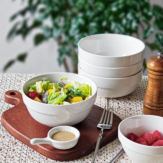 HAPPY KIT 6inch Ceramic Soup Bowls, Cereal Bowl Set of 6, 24OZ for Kitchen, Cereal Soup Rice Pasta Salad Oatmeal, Thick-edge Non-slip Design