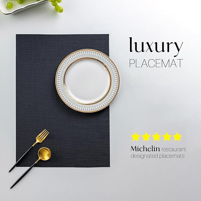 LEXMORE PVC Woven Placemats 12 PCS Wipeable Indoor/Outdoor Table Mats Washable Vinyl Place Mats for Dining Table, Set of 12-Black