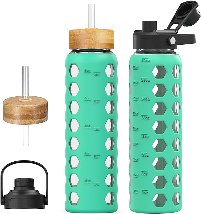 MUKOKO Glass Water Bottles, 32oz Glass Tumbler with Straw, Drinking Bottles with 2 Lids-Handle Spout Lid&Bamboo Straw Lid, Motivational Water Bottle with Time Marker and Silicone Sleeve, 1 Pack-Green