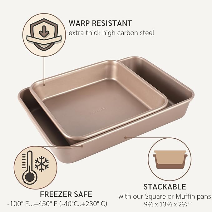 Nonstick Non Toxic 9x13 in Baking Pan for oven | Cake Mold 9 x 13 Non Stick Nontoxic | Carbon Steel Gold Brownies Pans 13x9 inches | Rectangle Brownie Tray 9 by 13 inch | Baking Ware
