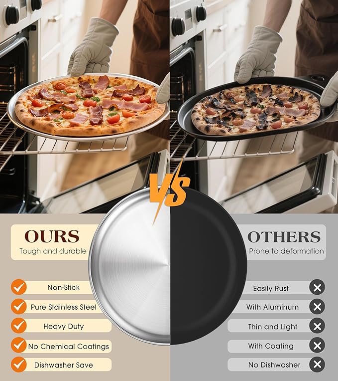Stainless Steel Pizza Pan 14 inch, Pizza Pan for Oven, Steel Pizza Tray, Thick Round Pizza Plate Pizza Baking Sheet, Easy Clean & Dishwasher Safe, Set of 1