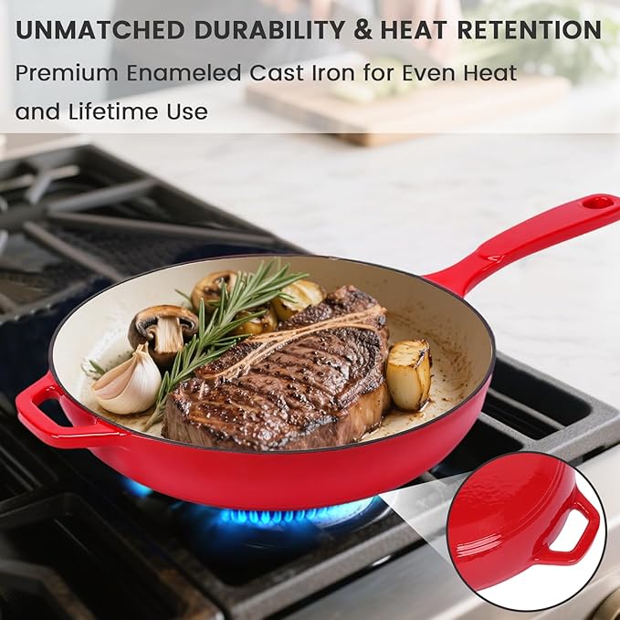Hisencn Enameled Cast Iron Frying Pan Set, 3 Piece Set of 8''/9.5''/11'' Skillets, PFAS & PTFE & PFOA Free, Gas/Induction/Electric/Oven Compatible, Rouge Red