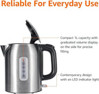 Amazon Basics 1.1Qt (1L) Electric Kettle, Tea Kettle & Water Boiler, with Auto Shut-Off, Boil Dry Protection, High-Safety Strix Thermostat, BPA-Free, 1500W, Stainless Steel, New Model, Black & Silver