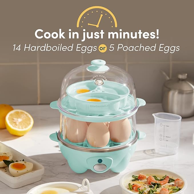 Elite Gourmet EGC1405M 2-Tiered Rapid Egg Cooker, 5-Egg Poacher, Omelets, Soft, Medium, Hard-Boiled Eggs with Auto Shut-Off and Buzzer, BPA Free, 14 eggs, Mint