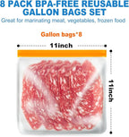 8 Pack Gallon Freezer Bags, Reusable Food Storage Silicone Bags Reusable Food Storage Bags, Large Zip Lock Bags Gallon, Lunch Home Fridge Kitchen Organization and Storage Meal Prep Freezer Containers