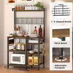 Large Bakers Rack with Power Outlet and Storage Space, 5-Tier Microwave Stand with Shelves, Multifunctional Kitchen Storage Rack with 7 Hooks,Coffee Bar Station, Rustic Brown