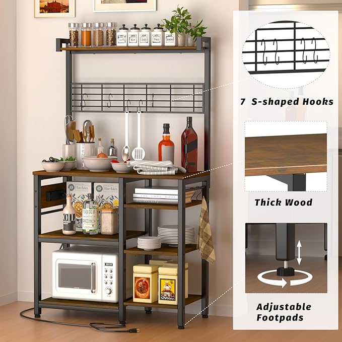 Large Bakers Rack with Power Outlet and Storage Space, 5-Tier Microwave Stand with Shelves, Multifunctional Kitchen Storage Rack with 7 Hooks,Coffee Bar Station, Rustic Brown