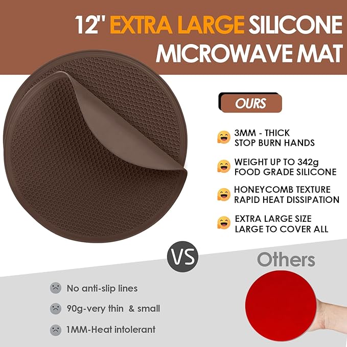 Brown Silicone Microwave Mat 12 inch Extra Large Multi-Use Microwave Mat Heat Resistant Silicone Trivet Mat Pot Holders Hot Pads for Kitchen, Silicone Cover Pad for Microwave Oven Hot Pot Pans, 2Pack