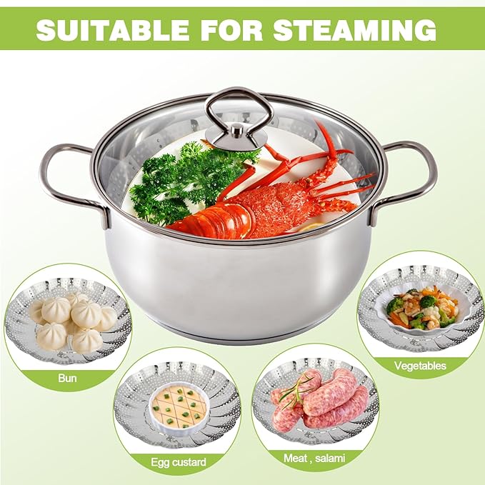 Vegetable Steamer Basket, Stainless Steel Folding Steamer Basket for Cooking, Vegetables, Fish, Pasta, Eggs, Fit Various Size Pot (5.5 inches to 9.2 inches)