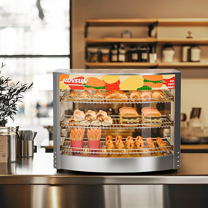 ROVSUN Food Warmer Pizza Warmer Countertop, 3-Tier Commerical Food Warmer Display with LED Lighting Removable Shelves Glass Door, Pretzel Warmer for Buffet Restaurant Cafe, 110V 800W