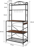 Bakers Rack for Kitchen, 33-inch Wide Coffee Bar Station with Power Outlet, 5 Tier Microwave Stand Storage Shelf with S-Shaped Hooks, Metal Frame with Brown Wood Tabletop