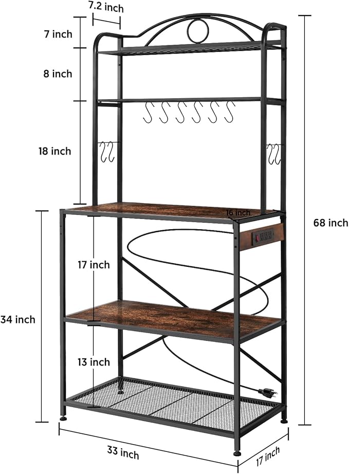 Bakers Rack for Kitchen, 33-inch Wide Coffee Bar Station with Power Outlet, 5 Tier Microwave Stand Storage Shelf with S-Shaped Hooks, Metal Frame with Brown Wood Tabletop