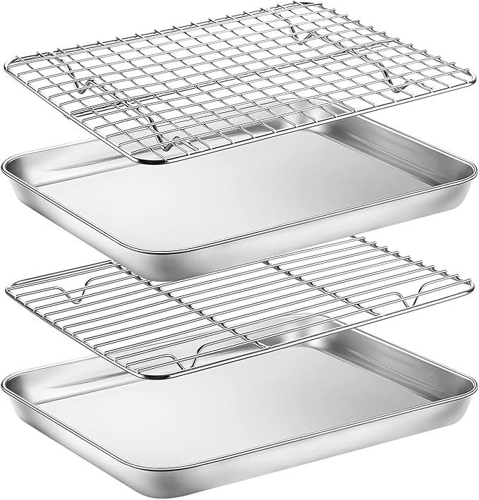 Baking Sheet with Rack Set, Yododo Set of 4 (2 Sheets + 2 Racks), Stainless Steel Cookie Sheet Baking Pan Tray with Cooling Rack, Non Toxic & Heavy Duty & Easy Clean - Size of 10 inch