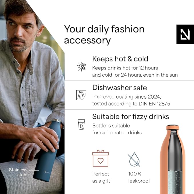 LARS NYSØM Stainless Steel Insulated XL Water Bottle 12 oz 17 oz 25 oz 34 oz 51 oz | Insulated Thermo Flask for Hot and Cold Beverages | Leakproof Drinking Bottle (Pumpkin Orange, XL 50.7 oz)