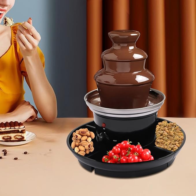 1lb Chocolate Fountain Machine, 3-Tier Stainless Steel Electric Fondue Fountain with Fruit Plate & 6 Forks, for Parties Weddings Events, 120V 40W, US Plug (Black)