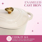 Paris Hilton Enameled Cast Iron Dutch Oven Heart-Shaped Pot with Lid, Dual Handles, Works on All Stovetops, Oven Safe to 500°F, 2-Quart, Cream