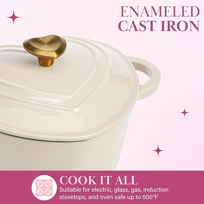Paris Hilton Enameled Cast Iron Dutch Oven Heart-Shaped Pot with Lid, Dual Handles, Works on All Stovetops, Oven Safe to 500°F, 2-Quart, Cream