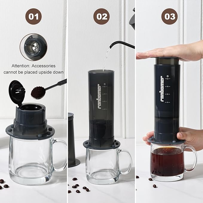 French Press Coffee Maker, 2-in-1 Single Serve K Cup Compatible, Portable Coffee Machine for Ground Coffee, Black, 10 Oz Capacity, for Camping, Travel