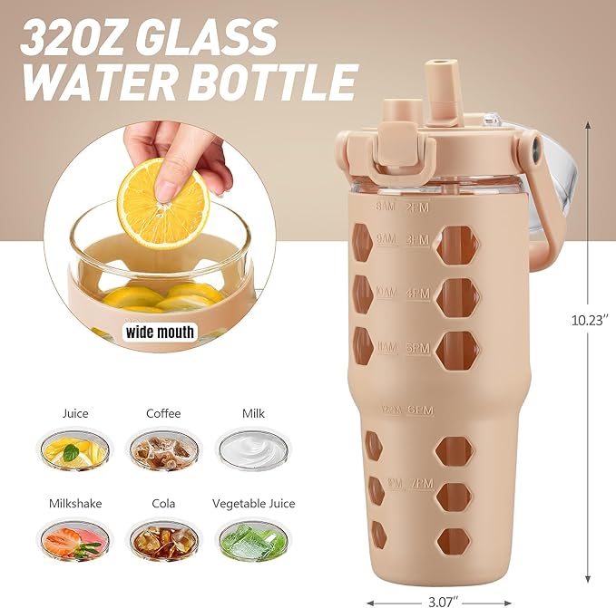 MUKOKO 32 oz Glass Tumbler with Straw,Glass Water Bottles with Time Marker,Iced Coffee Cup with Silicone Sleeve,Motivational Drinking Bottles,Leakproof-Amber