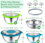 P&P CHEF Mixing Bowls with Lids Set of 3, Stainless Steel Mixing Bowl and Colander for Kitchen, 3 Grater Attachments & Non-Slip Bottoms, Visible & Airtight Lid, Multicolor