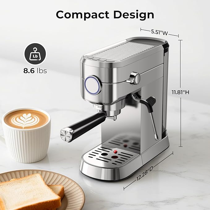 20 Bar Espresso Machine, Compact Espresso Coffee Maker with Milk Frother for Latte/Cappuccino, Auto Clean/34oz Removable Tank/Auto Shut-Off, Espresso Maker for Home/Office, Stainless Steel