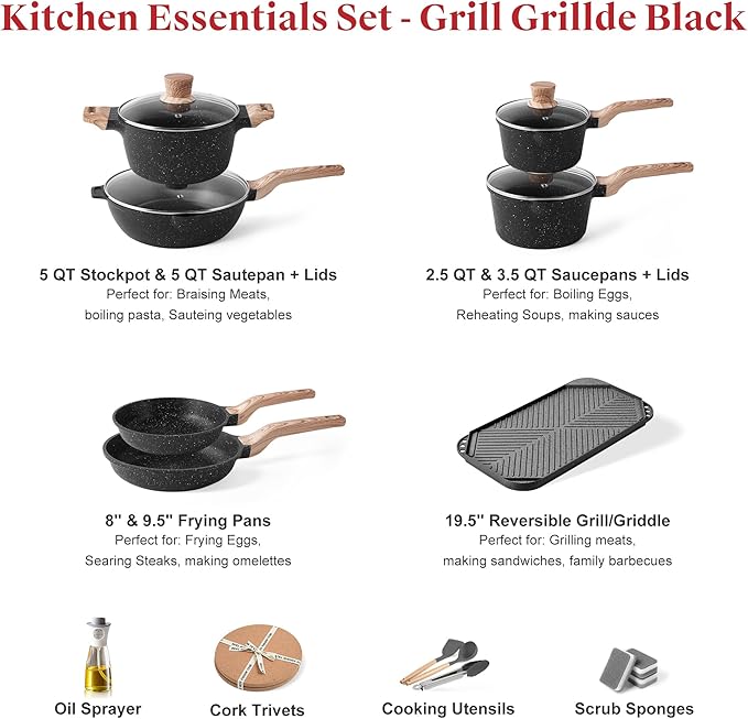 Caannasweis Granite Pots and Pans, Nonstick Cookware Set (Classic Black, 20 Piece Grill Griddle Set)