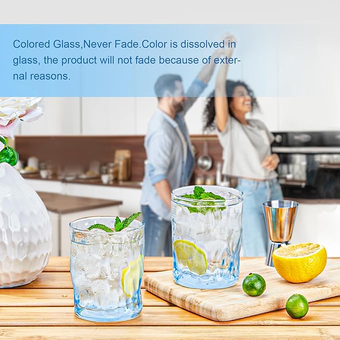 CREATIVELAND Solid Color Drinking Glasses Set of 6, 10 OZ Wind-blown Ripples Glass Tumbler Glassware for Water, Juice, Different Options for Home, Restaurant, Hotel, Bar, Blue