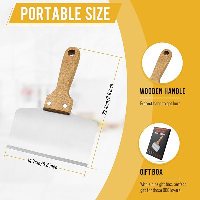 Heavy Duty Stainless Steel Grill Scraper – 5" Natural Wooden Ergonomic Handle, Multifunctional Durable Griddle Cleaner Tool for Blackstone Grill, Outdoor BBQ and Kitchen Use