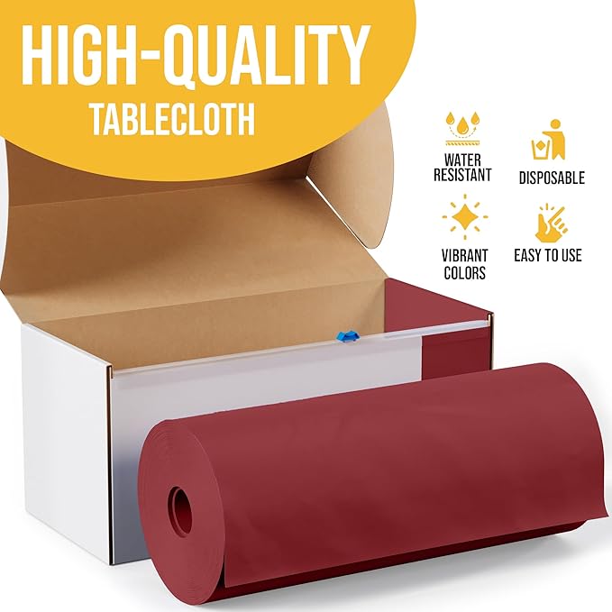 Exquisite Party Solids 54 Inch X 300 Feet Burgundy Plastic Table Cover Roll in A Cut - to - Size Box with Convenient Slide Cutter. Cuts Up to 36 Rectangle 8 Feet Plastic Disposable Tablecloths