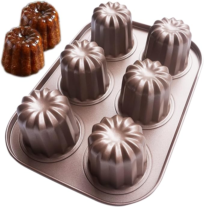 Canele Molds 6-Cavity Nonstick, Mini Canele Mold Cake Pan, Carbon Steel Canelle Pastry Molds, Washable Muffin Cupcake Pans for Oven Baking - Gold