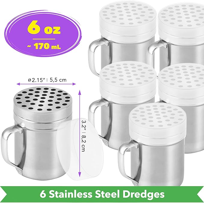CUSINIUM 6oz Metal Parmesan Cheese Shakers with Large Holes - With Handle - Chili Flakes Dispensers - Pizza Shakers - Pack of 6 | Style: Coarse