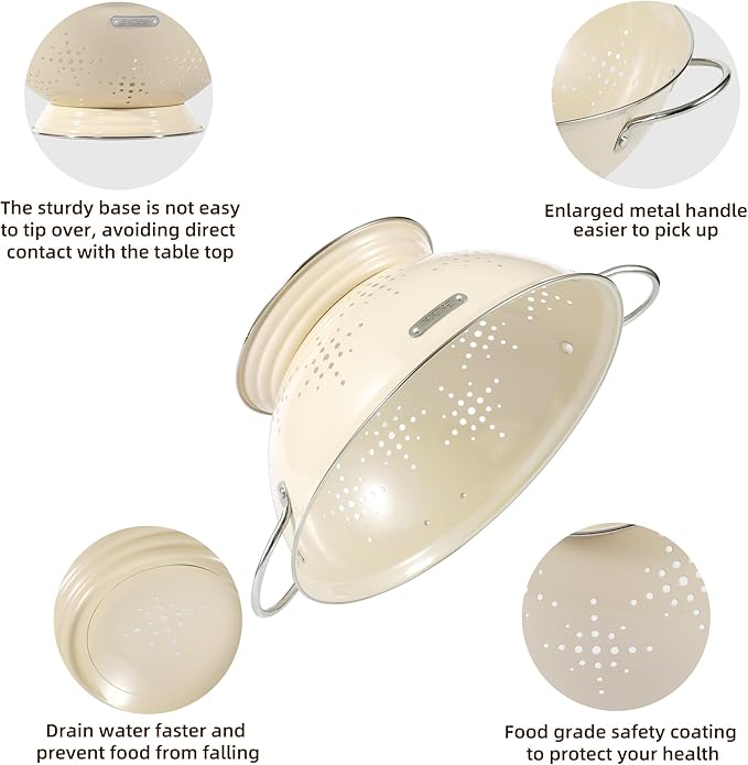 Metal Colander 2 Pack, Strainer Bowel with Handles 2Qt & 6Qt Powder Coated Solid Ring Base Heavey Duty Kitchen Drainer Basket for Pasta Veggies and Fruits,New Home Apartment Essentials (Almond Cream)