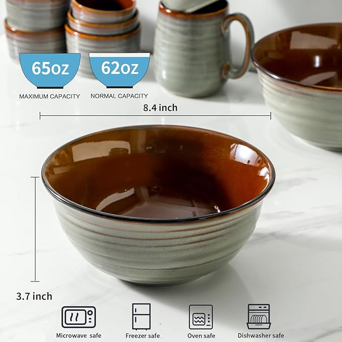 Mixing Bowls 65oz,Large Deep Ceramic Bowls for Kitchen Prep, Baking,Salad, Pasta, Ramen, Soup, Serving,Microwave & Dishwasher Safe Set of 2,Durable Matte Finish,Vintage Brown
