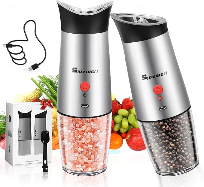 Electric Salt and Pepper Grinder Set: For Gravity Automatic Salt and Pepper Grinder Set with Light Adjustable Coarseness Sea Spice Shakers Stainless Steel Rechargeable Spice Peppercorn Mill