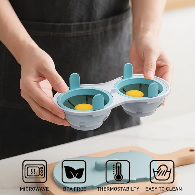 Microwave Egg Poacher with Lid, Double Cup Design, Turquoise and Gray, Food Grade PP Material, 8.7x4.3 Inch, Anti-Slip Bottom, Quick Egg Cooking