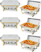 Garvee Chafing Dish Buffet Set 6 Pack, 8QT Buffet Servers and Warmers Set with Lid & Foldable Frame, Rectangular Stainless Steel Chafer Food Warmer for Parties Wedding Catering Supplies, Gold