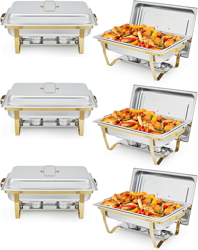 Garvee Chafing Dish Buffet Set 6 Pack, 8QT Buffet Servers and Warmers Set with Lid & Foldable Frame, Rectangular Stainless Steel Chafer Food Warmer for Parties Wedding Catering Supplies, Gold
