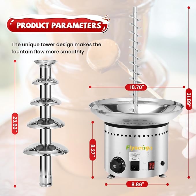 Commercial Chocolate Fountain 5 Tiers 13.2 Lbs Nacho Cheese Fountain Stainless Steel Hot Fondue Fountain Machine for Bakery, Party, Gathering, Wedding, Rental, Knob Control