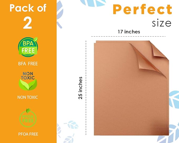 Oven Liners for Bottom, 2 Pack Large Thick Heavy Duty 100% Non-stick Reusable Teflon Mat, 25"x17" Baking Mat for Electric, Gas, Toaster Ovens, Grills (Copper)